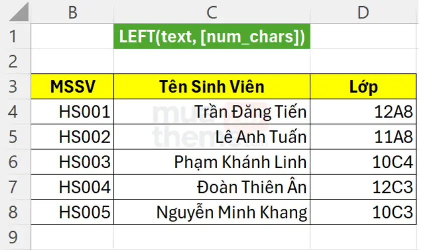 Ví dụ minh họa cách sử dụng hàm LEFT trong Excel để lấy ký tự từ chuỗi dữ liệu.