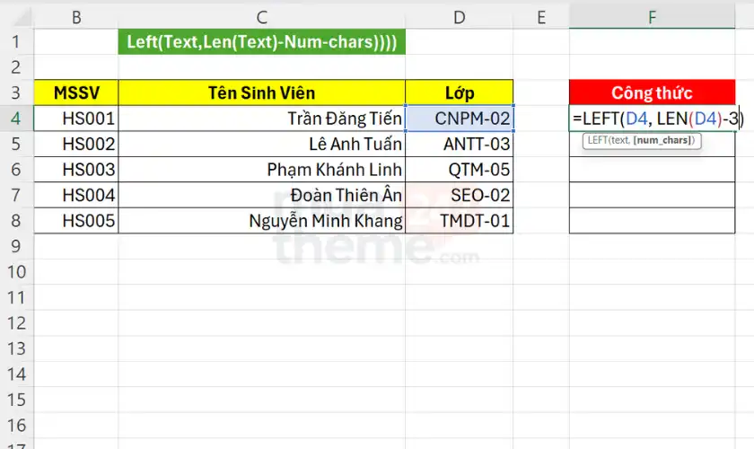 Hàm LEFT trong Excel: Cách dùng, cú pháp và ví dụ minh họa chi tiết